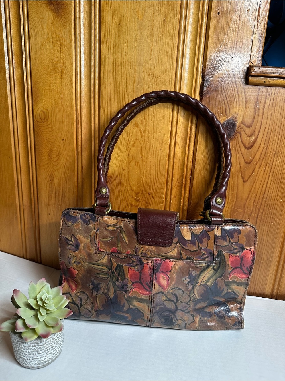 Patricia Nash Brown Hand-Painted Floral Shoulder Bag with Red Accents - Picture 12 of 16